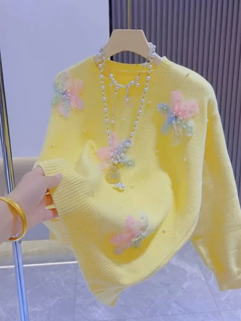 الوردي مطرز ثلاثية الأبعاد الأزهار محبوك سترة المرأة الخريف الشتاء جديد Sle الكورية الحلو كسول Sle العلوي محبوك #3