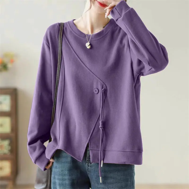 

Spring And Autumn 2024 New Women's Retro Art Irregular Design Sweatshirt Solid Color Loose Versatile Shirt Pullover Tops Z4135