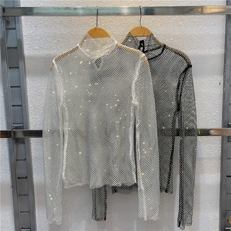2026 New Crystal Hollow out See Through Tops Shiny Long-Sleeved Turtleneck Shirt Sexy Slim Mesh Rhinestone Shirt Club Party Tops