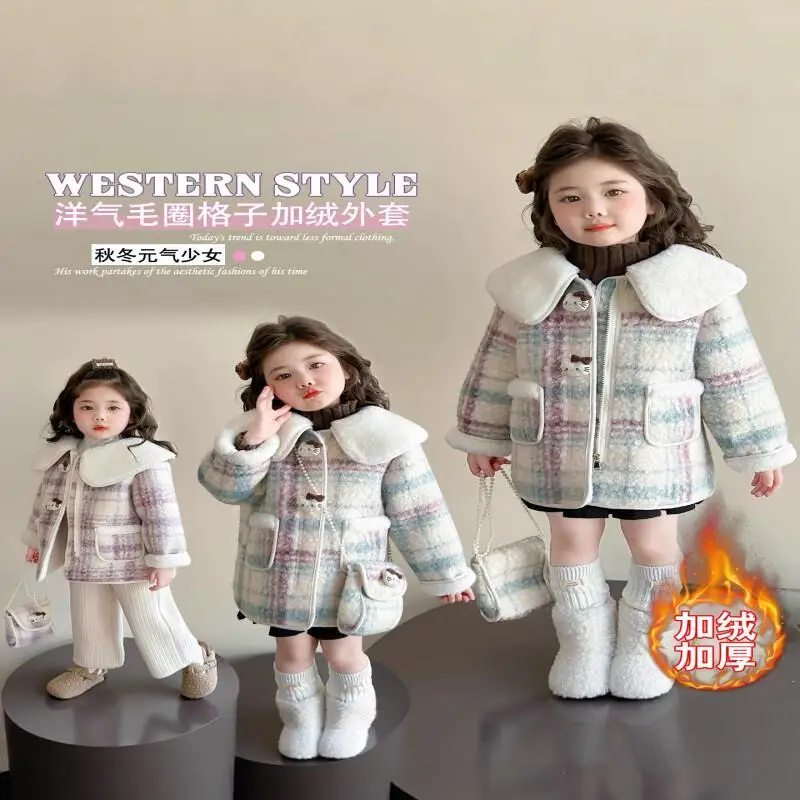 

Sanrio Hello Kitty Girl Coat Kawaii Y2K Anime Children's Clothing Outdoor Clothes Kids Girls Winter Casual Wool Overcoat Autumn