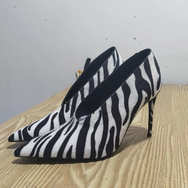 الحديثة زيبرا شريط عميق الخامس عالية الكعب مضخات أشار تو الانزلاق على بولي Leather الجلود الخامس نمط غطاء الكعوب النساء فستان أحذية أسود أبيض #6