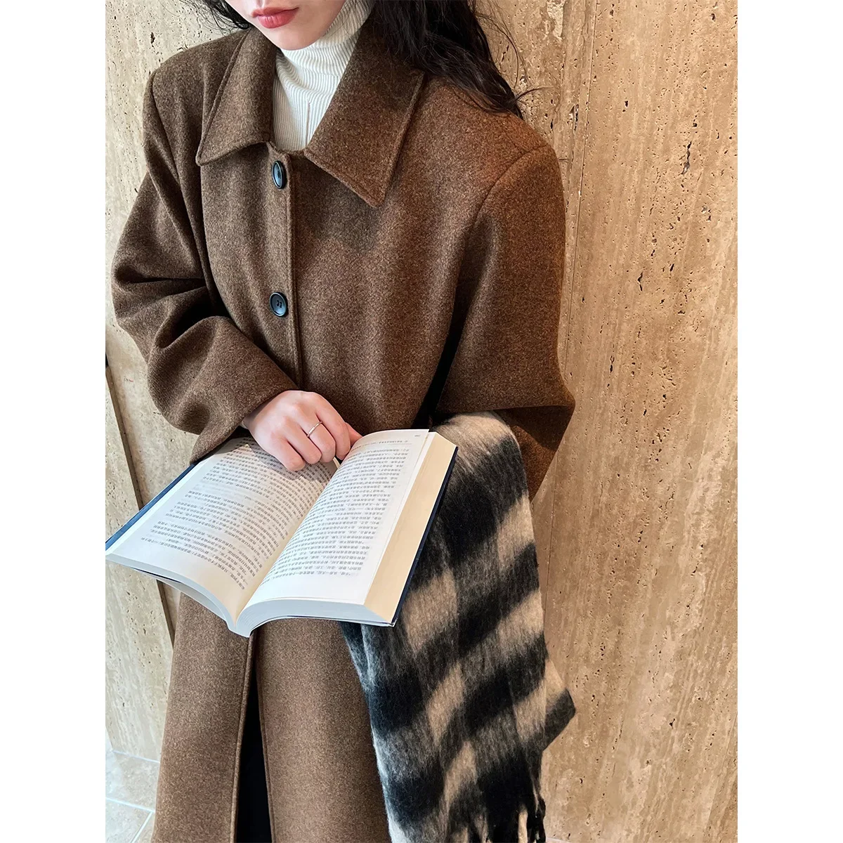 High-end silhouette lapel wool woolen coat women's medium and long knee-length single-breasted woolen coat