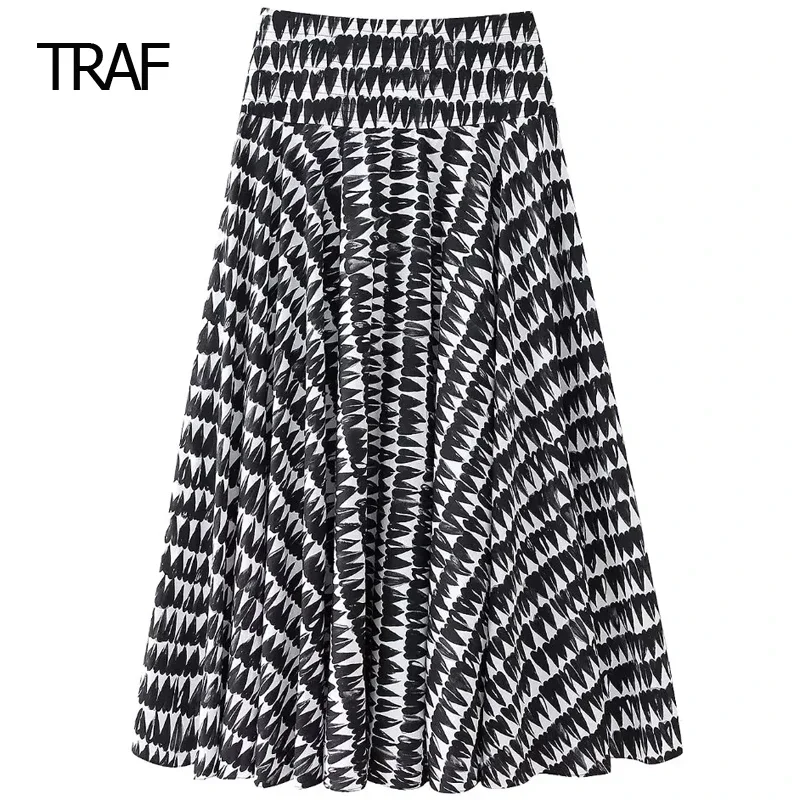 TRAF Women\'s Skirt Summer 2024 Midi Print Skirts Mid Waist Long Floral Skirt New In Skirt Casual Vacation Streetwear Lady Skirts