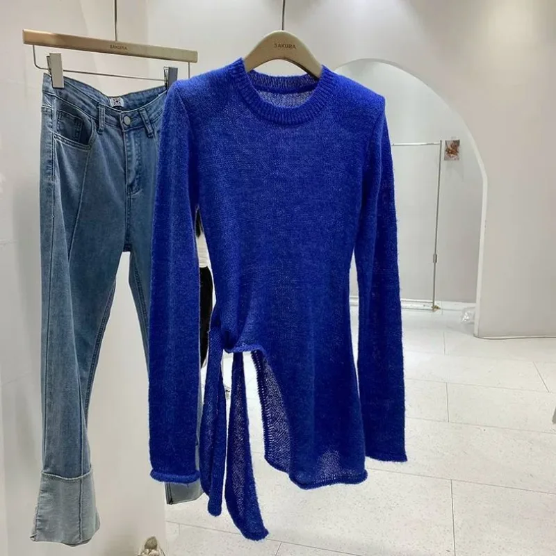 

Autumn and Winter New Korean Style Design Slit Strap Niche Solid Color Casual Long-sleeved Mid-length Sweater