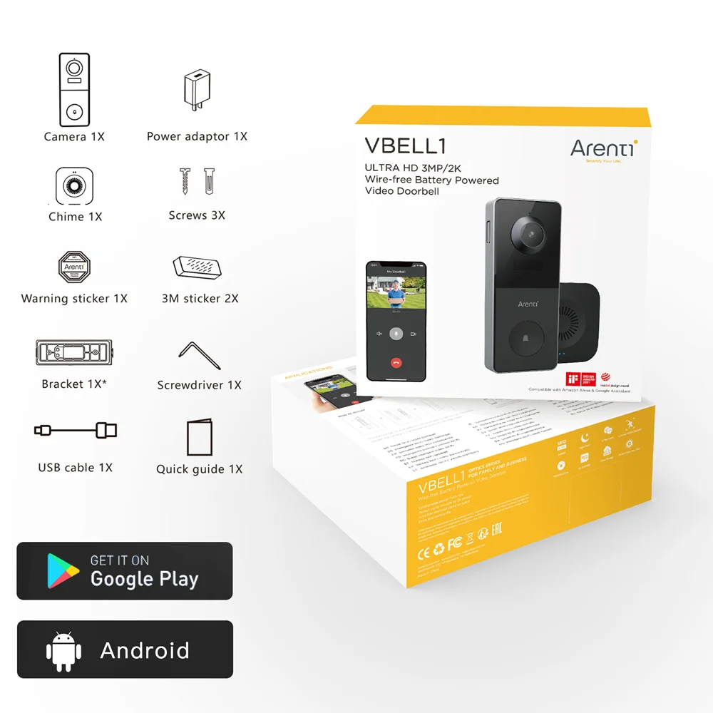 Arenti Laxihub 2K Video Doorbell IP65 Waterproof Security Camera Smart Intercom WiFi Door Bell Chargeable Wireless Alarm Ring