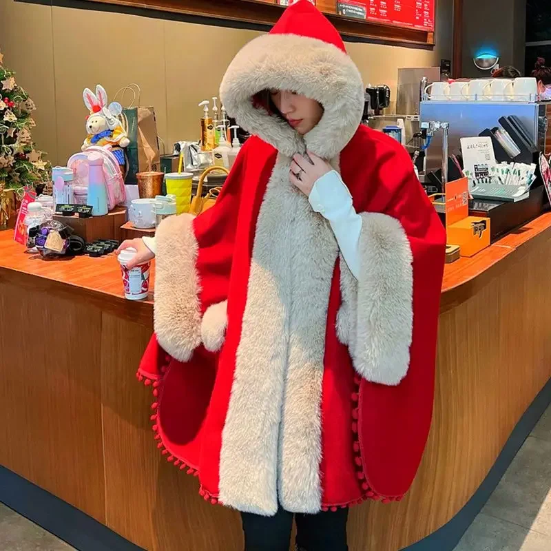 

2024 Autumn and Winter Clothing Female Elegant Fashion Premium Imitation Fur Cloak Shawl Hoodie Cape Coat Women's Jackets Q429