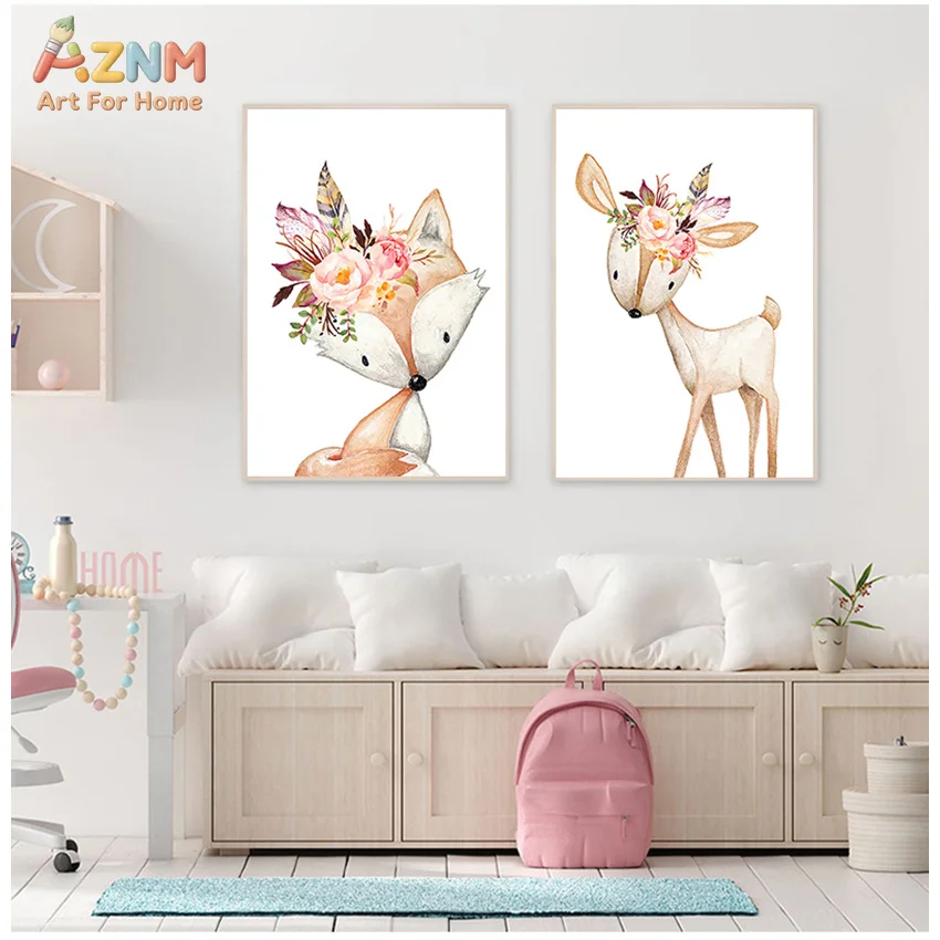 AZNM Watercolor Bunny Deer Fox With Flower Crown Nursery Canvas Wall Art Print Decor