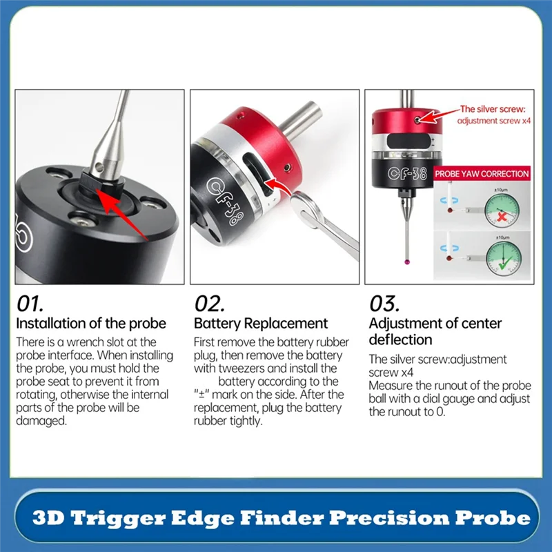 ABRB-CNC Anti-Roll 3D Touch Probe Edge Finder To Find The Center Desktop CNC Probe 3D Touch Probe Three-Coordinate CF-38