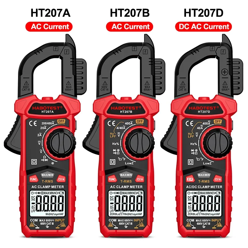 HT207 Series AC/DC Digital Clamp Meter 4000 Counts True RMS NCV Voltage Current Meter Measures Capacitance Temperature Ohm Teste