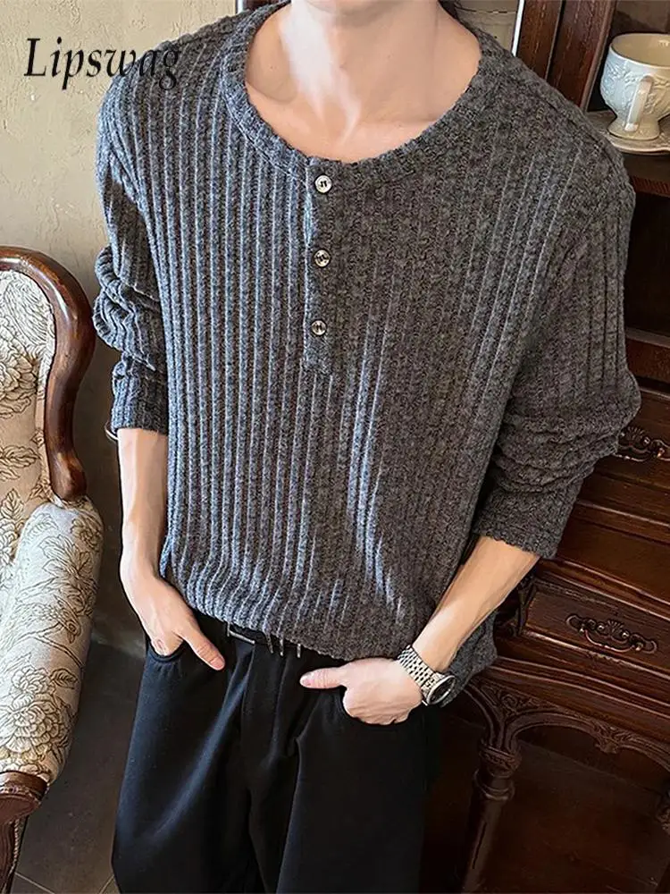 Stylish Mens Buttoned Henley Collar T Shirts Men Spring Casual Solid Colort Textured Pullover Tops Mens Vintage Textured Jumpers