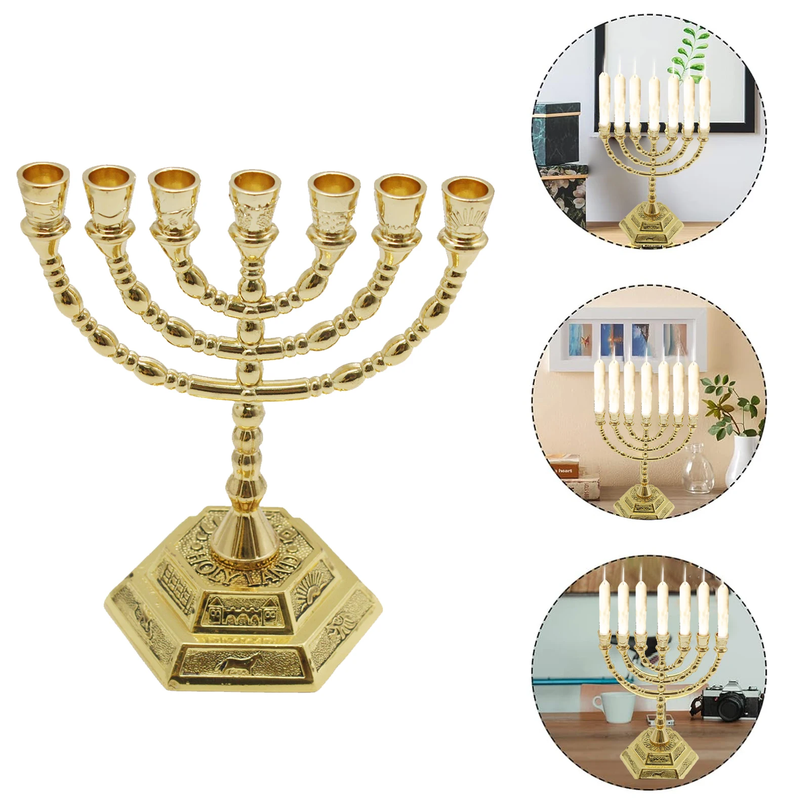 7 Branch Menorah Candle Holder Jerusalem Temple 12 Tribes of Israel Menorah with Aaron Rod Manna Vessel and Tablets 5.11-inch