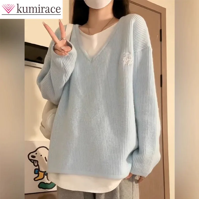 

Autumn and Winter Vacation Two Sweaters for Women Loose and Lazy Style Baby Blue V-neck Pullover Sweater Top Sweaters for Women