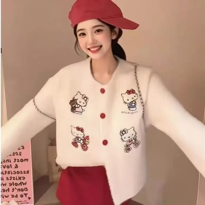 

Sanrio Hello Kitty вязаный кардиган с вышивкой для женщин, милая куртка с героями мультфильмов Y2k, топы для девочек, повседневное свободное пальто из искусственного меха