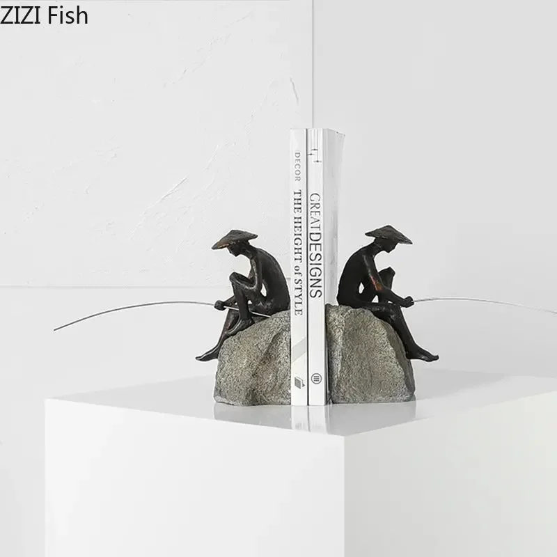 Creative Fishermen Bookends Library Bookshelf Crafts Ornaments Fishing Figure Sculpture Desk Decoration Modern Home Decor