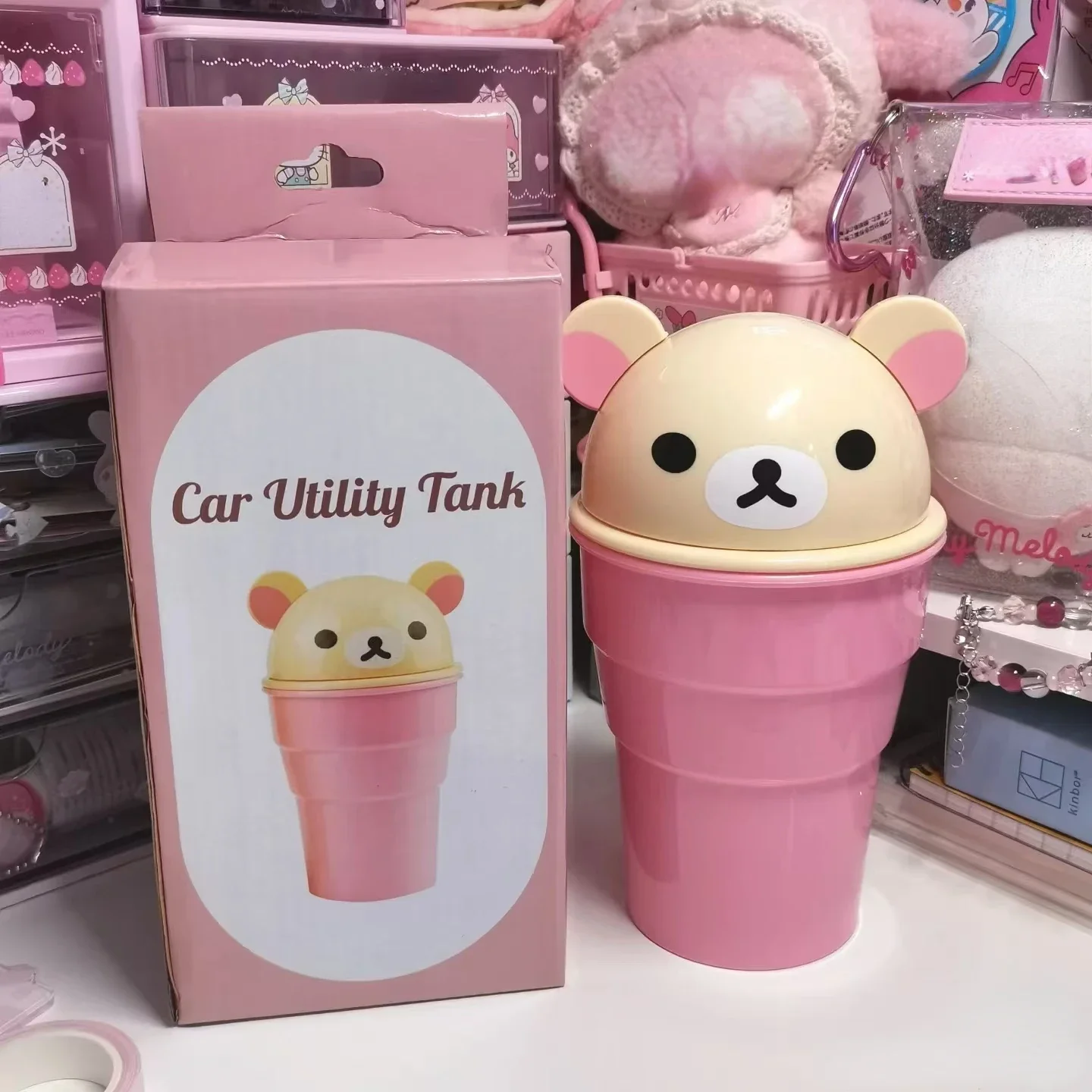 Cartoon cute Rilakkuma Creative car trash can car garbage storage cup desktop cosmetics storage pen holder desktop trash can