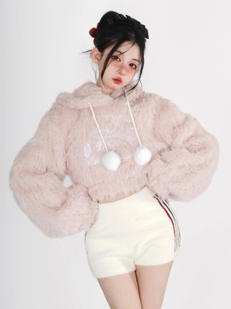 Suéter Kawaii Lolita Rosa cálido para mujer, Tops con capucha de hada dulce japonesa, jerséis coreanos de manga larga para mujer, Invierno 2023