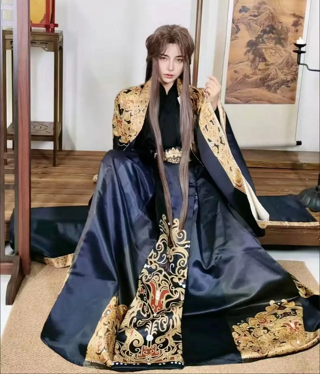 

Мужской традиционный китайский костюм Ханьфу «Черное золото» с принтом и перекрестным воротником, для косплея Королевской гвардии на Хэллоуин