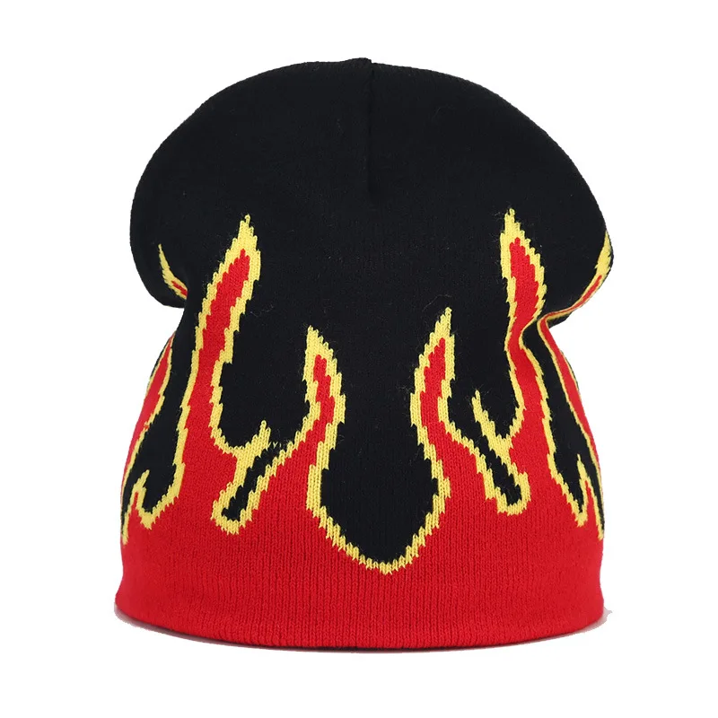 Hip Hop Y2K Street Flame Hat Women Dance Skull Fire Hell Burn Flames Hot Trend Winter Warm Knitted Soft Wear Bonnet Beanie Hat
