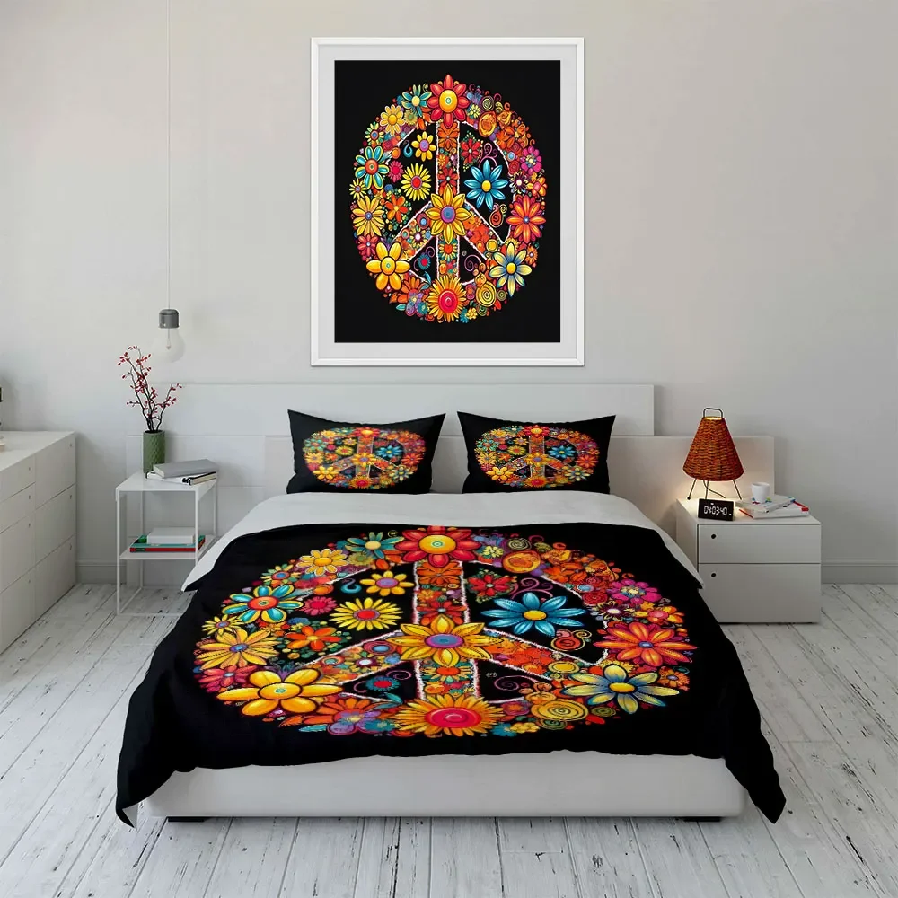 Flower Peace Symbol Decor Set Bedding Set with 1 Duvet Cover 2 Pillowcases Single Double King Queen, Gift