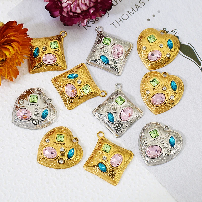 

4pcs Stainless Steel Colorful Zircon Square Love Heart Charms for DIY Earrings Necklace Women Jewelry Making Material Wholesale