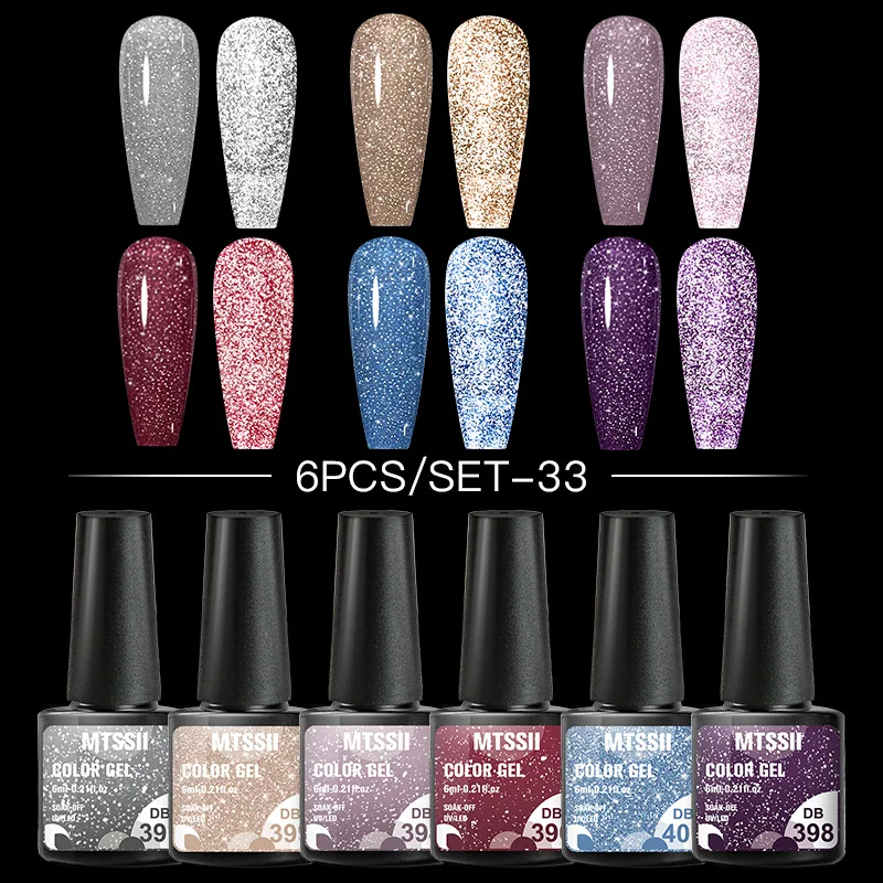 Mtssii 6PCS/Set Reflective Glitter Gel Nail Polish Champagne Pink Semi-permanent Varnishes Soak Off UV LED Nail Gel Nail Art Gel