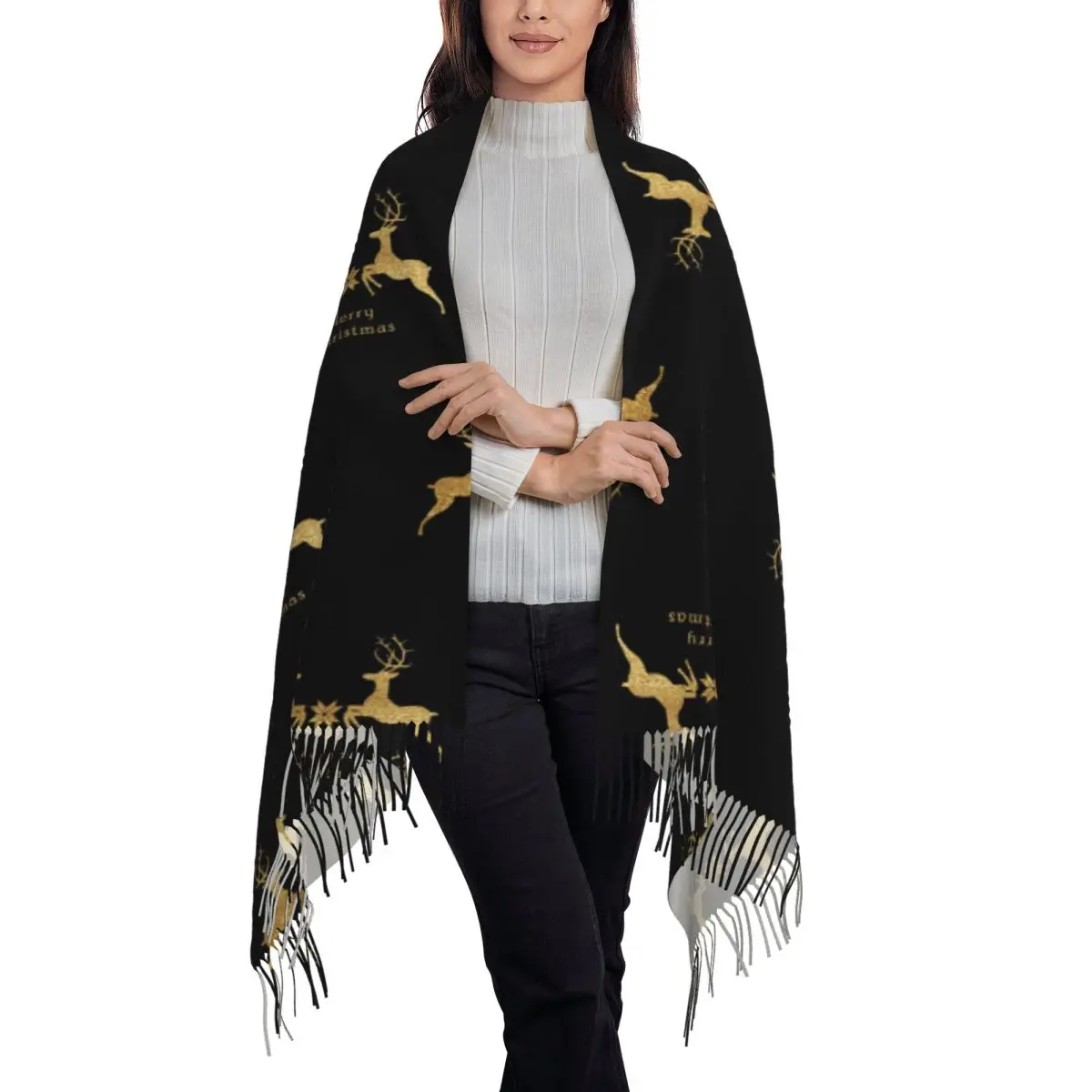 Christmas Gold Deer Scarf Tassel Scarves for Women Soft Warm Shawls and Wraps Large Fall Winter Shawl Wrap