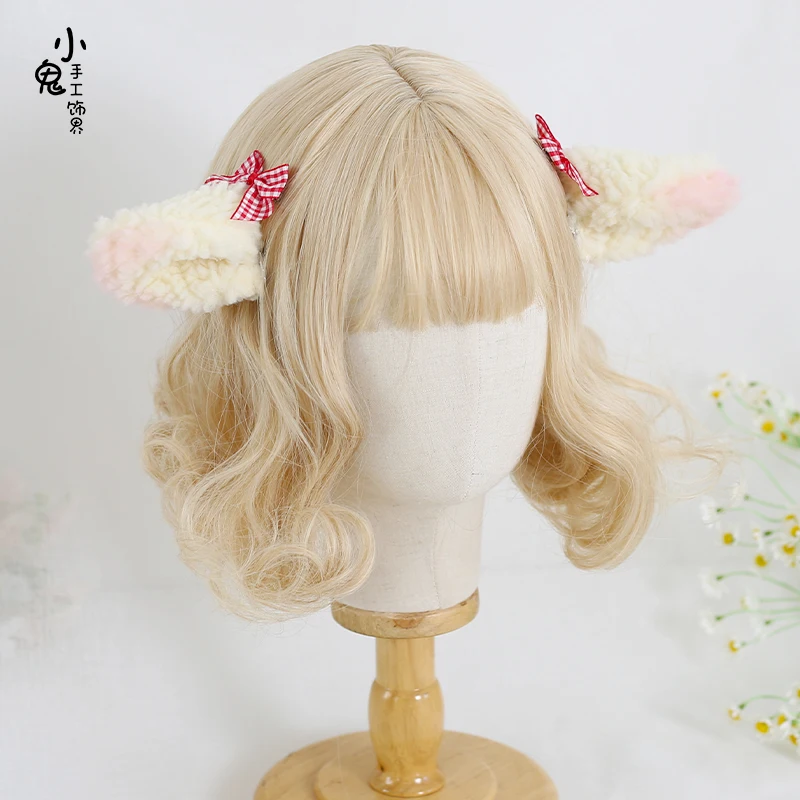 Lolita Japanese headdress cute plush lamb ear hair clip kawaii hair accessories sweet little bow hair clip edge clip