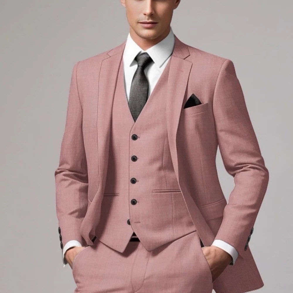 Fashion Dusty Pink Men\'s Suits Eelgant Groom Male Clothing Formal Single Breasted Notch Lapel 3 Piece Jacket Pants Vest Blazer