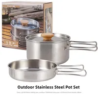 2pcs Camping Pot, 304 Stainless Steel Folding Handle Pot, Frying Pan, Camp Cooking Supplies,Outdoor Pot Set with Storage Bag