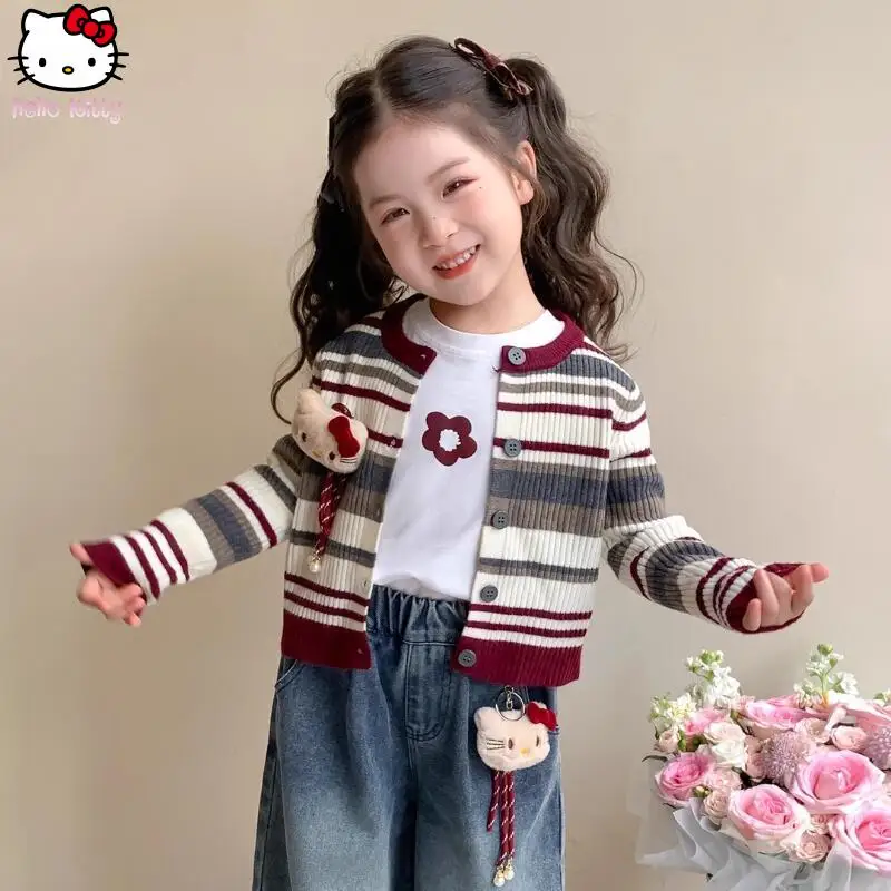 

Kawaii Children's Hello Kitty Striped Cardigan Sanrio Autumn New Soft Jeans Cartoon Anime Girl Casual Costume Christmas Gifts