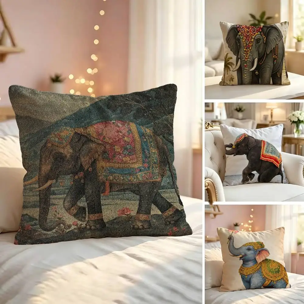 Indian Animal Elephant-t Soft Pillow Shell For Sofa Living Space Bedroom Headboard Backrest Square Cushion Cozy