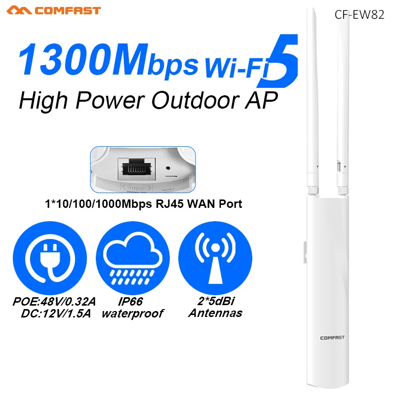 Comfast AC1300 Высокомощный уличный Wi-Fi-маршрутизатор/AP WIFI5 Беспроводной повторитель Wi-Fi 2,4G/5G 2*5dBi Антенна 48 В POE ЕС/США