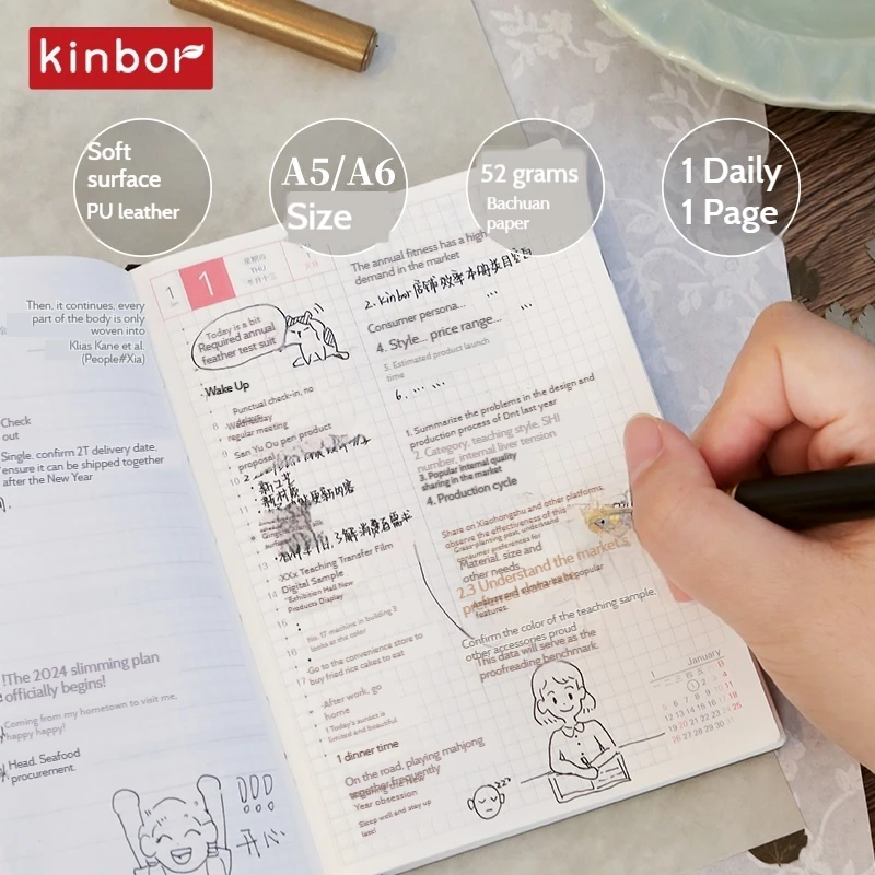 Kinbor Notebook 2026 Planner A5 A6 Full Year Agenda Schedule Daily Timeline Weekly Plan Efficiency Notebooks for School Office