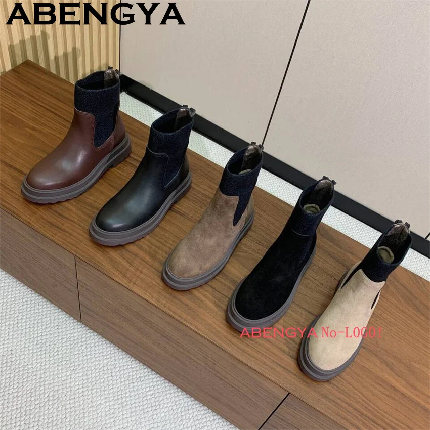 

2026 Winter New Genuine Suede Leather Thick Bottom Ankle Boots Women Round Toe Punk Boots Fashion Slip On Motorcycle Boots Woman