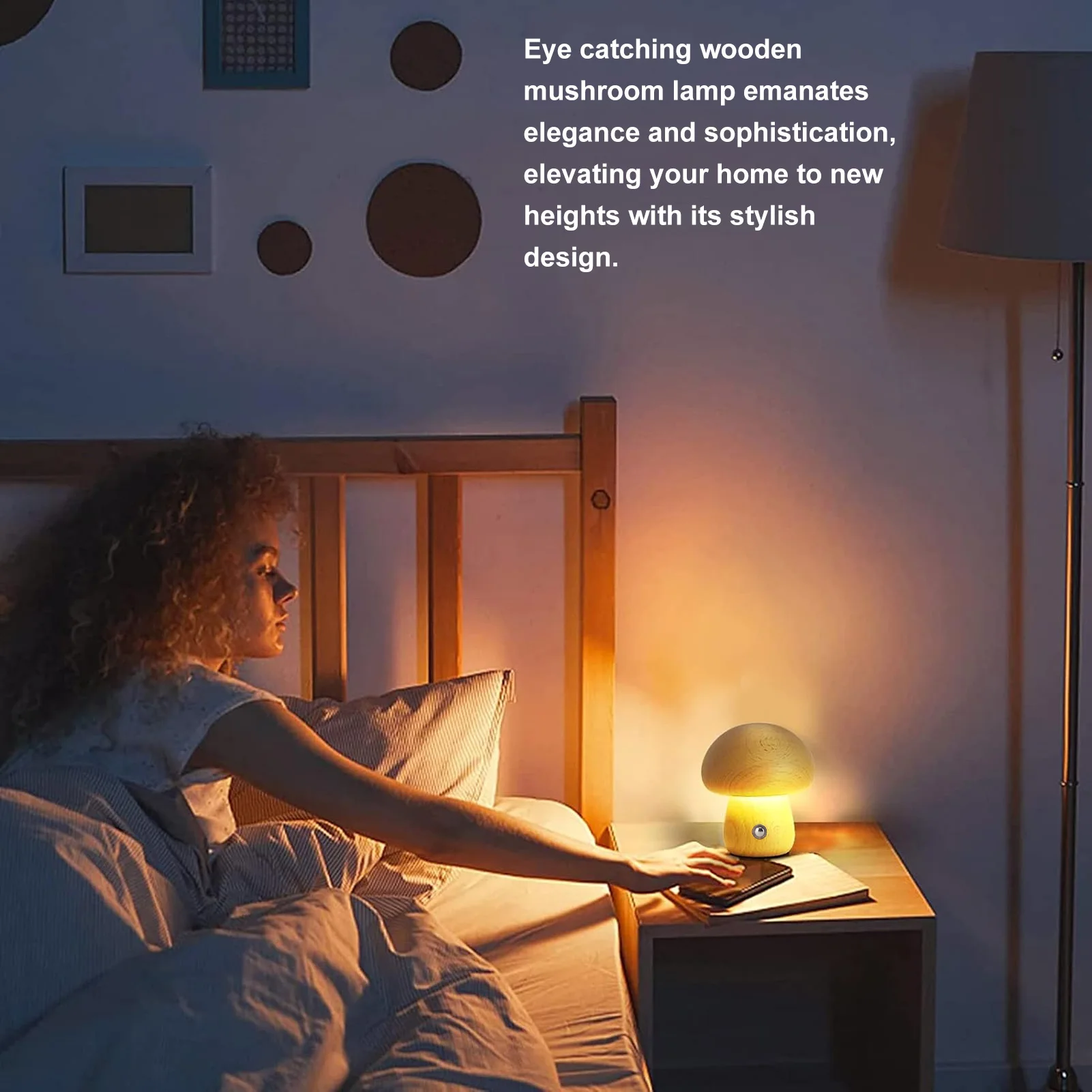 Wood Mushroom Lamp DC Charging Cordless Bedside Touch Night Lights Portable Dimmable Table Light for Bedroom Nightstand Decor