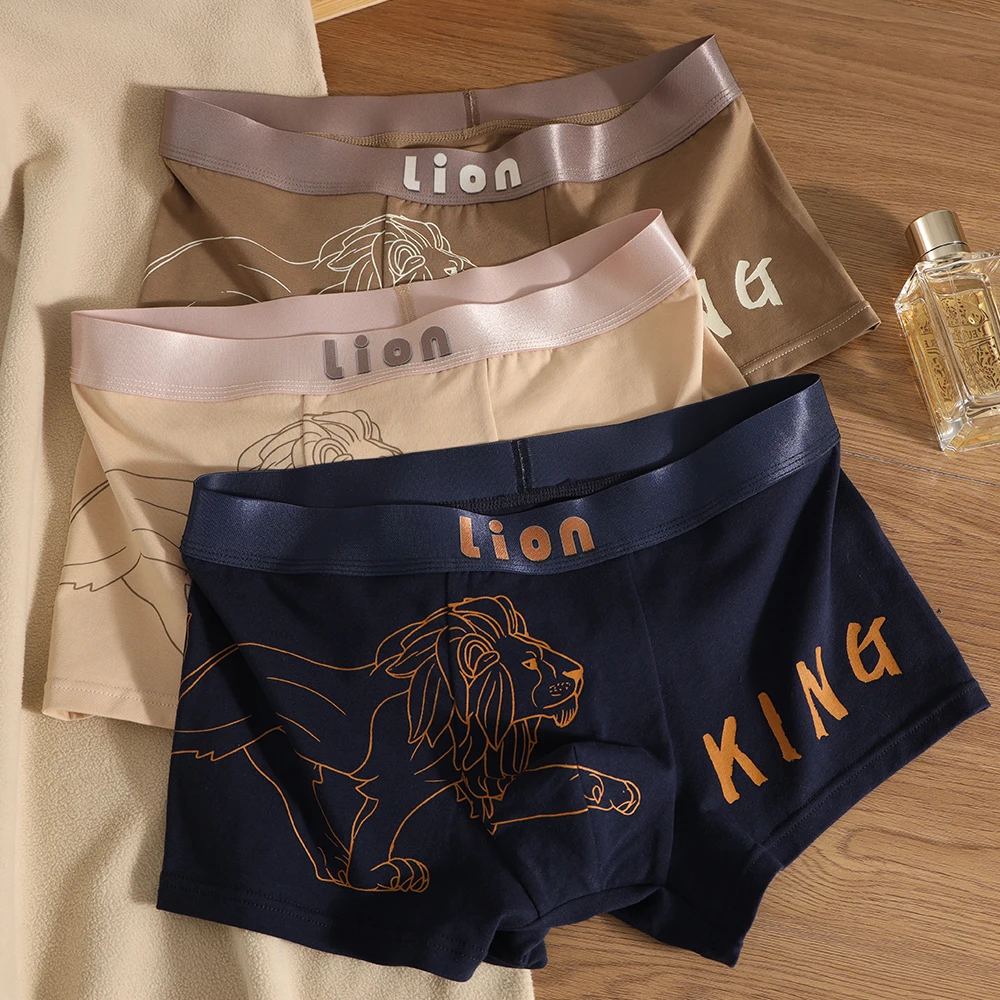

3PCS/Pack 100% Cotton Lion Print Men's Underpants Luxury Comfortable High Elastic Waistband Panties Breathable Super Soft Boxers