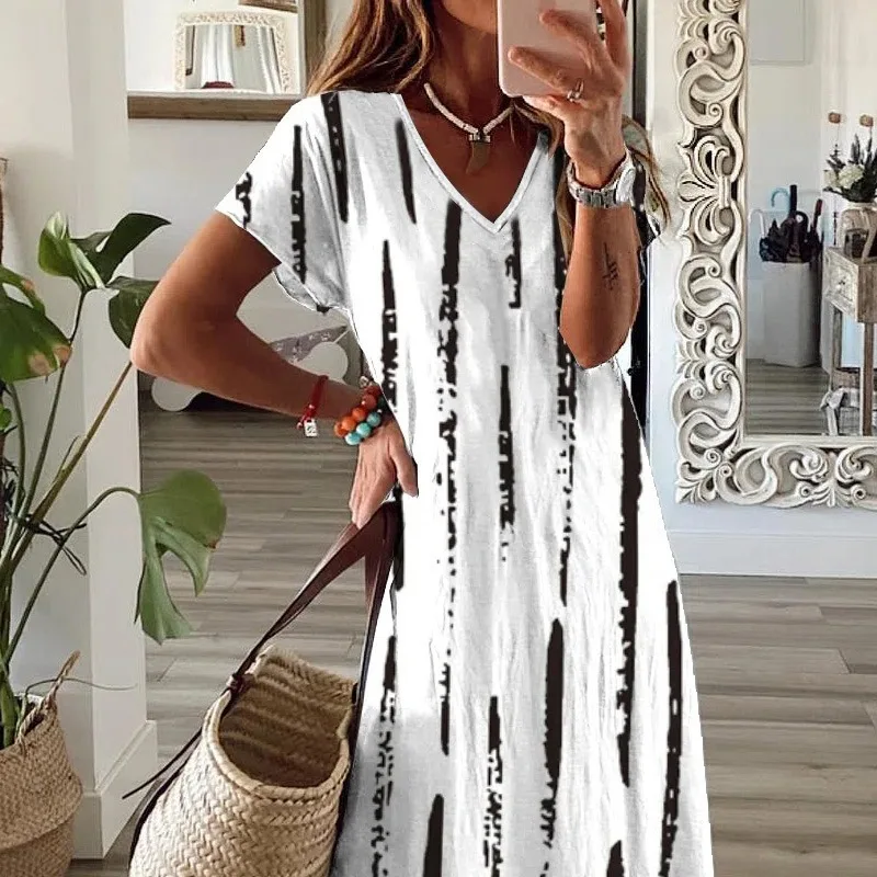 Women\'s S-2XL Plus  Size Striped printed short sleeved split V-neck loose long dress for women\'s clothing  sexy dress