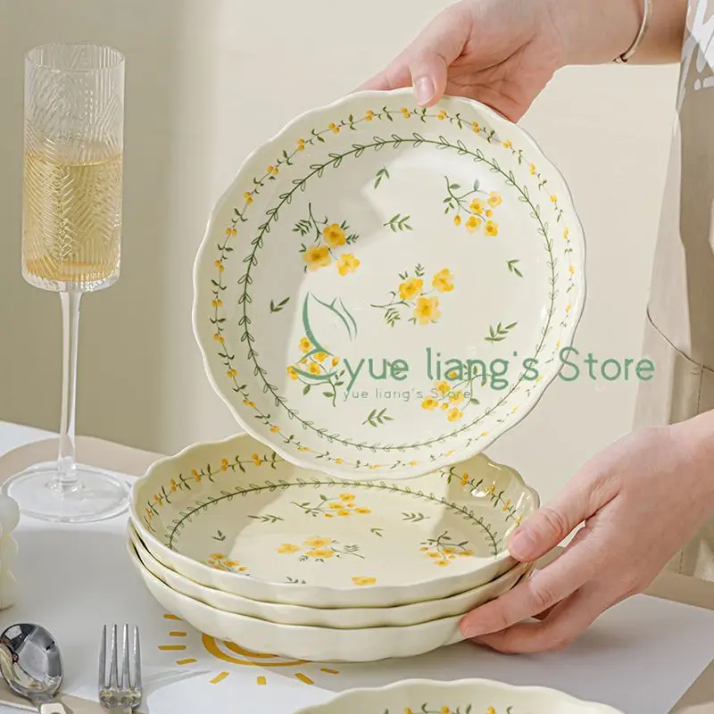 French Countryside Style Dishes, Household Rice Bowl Dishes, New Ceramic Tableware Underglaze Color Set, High-end Deep Dishes