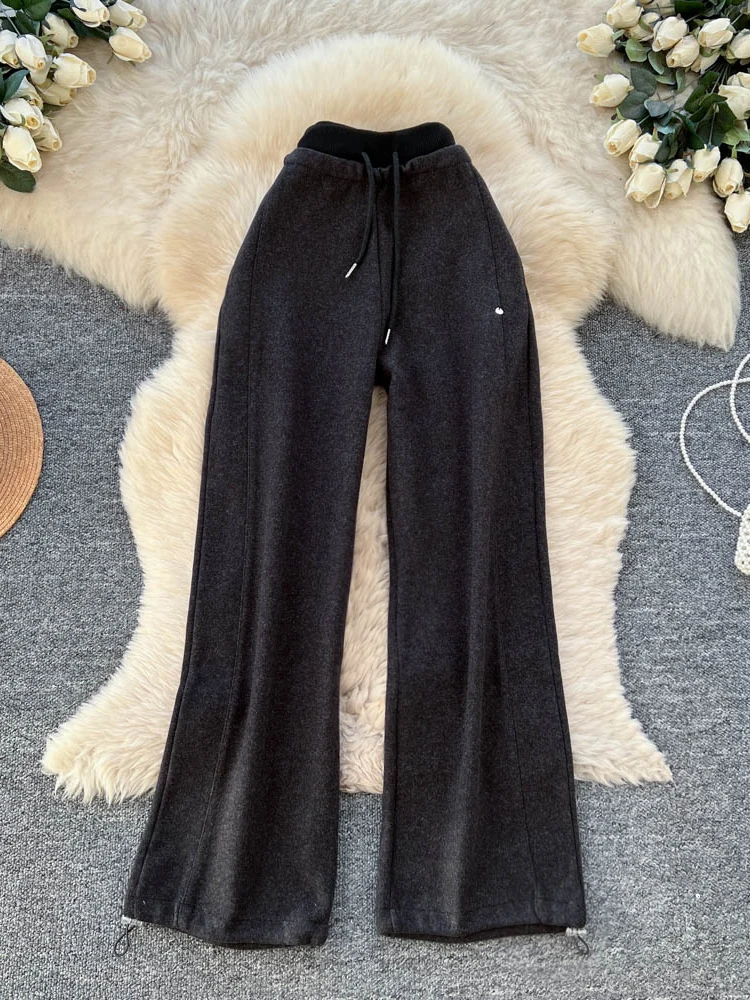 Damskie spodnie z wysokim stanem, prostymi nogawkami, paskiem, na jesień i zimę, do pracy, luźne, z elastyczną talią, wyszczuplające, z szerokimi nogawkami, wełniane.