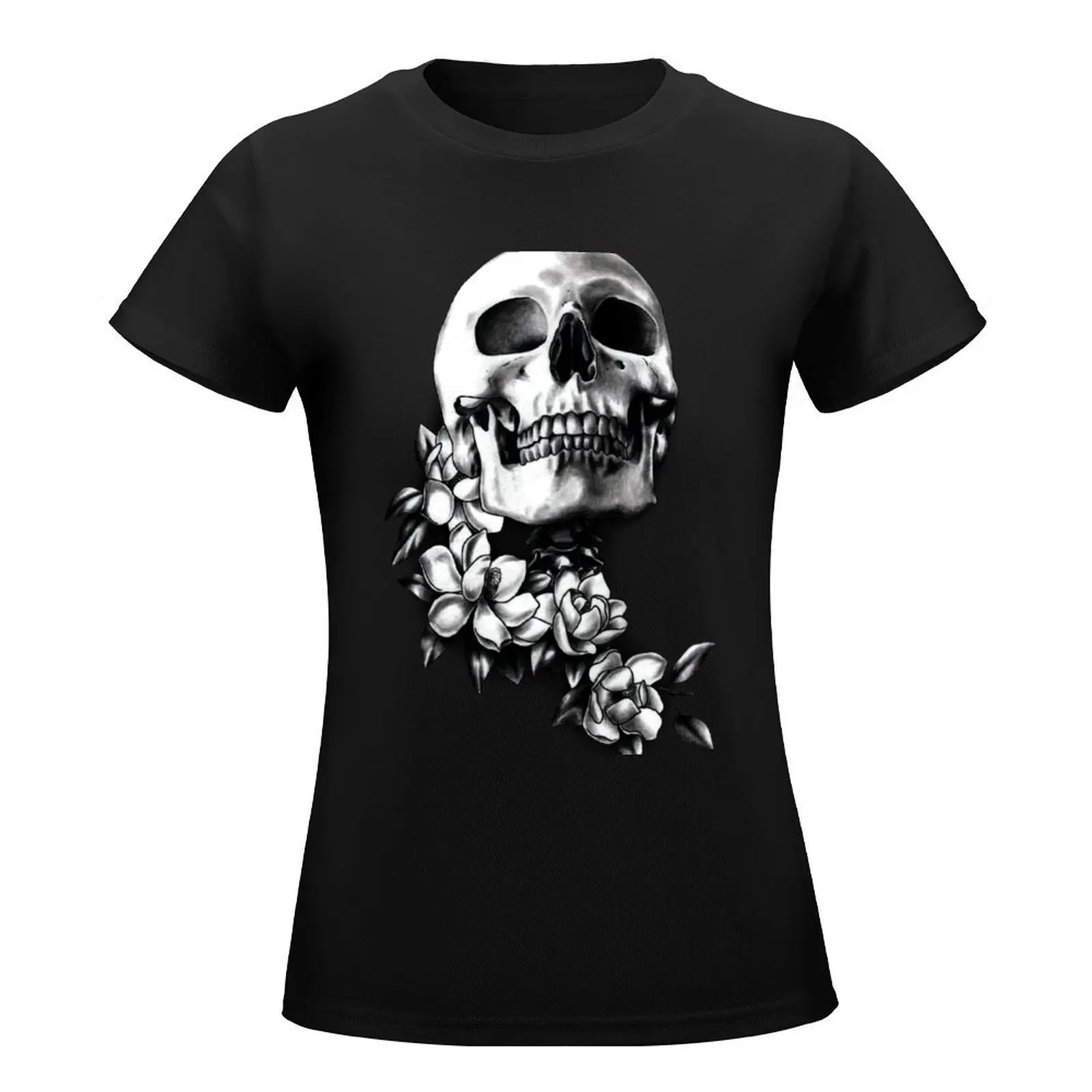 Skull & Magnolia Flowers B&W T-Shirt tees lady clothes Women's tee shirt