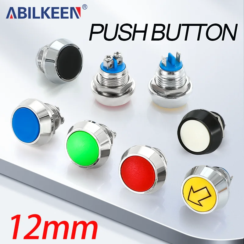 ABILKEEN 12MM Domed Head 1NO Metal Push Button Switch 2Pin Screw/Pin Terminal 2A220V Mini Push Button IP68 Waterproof