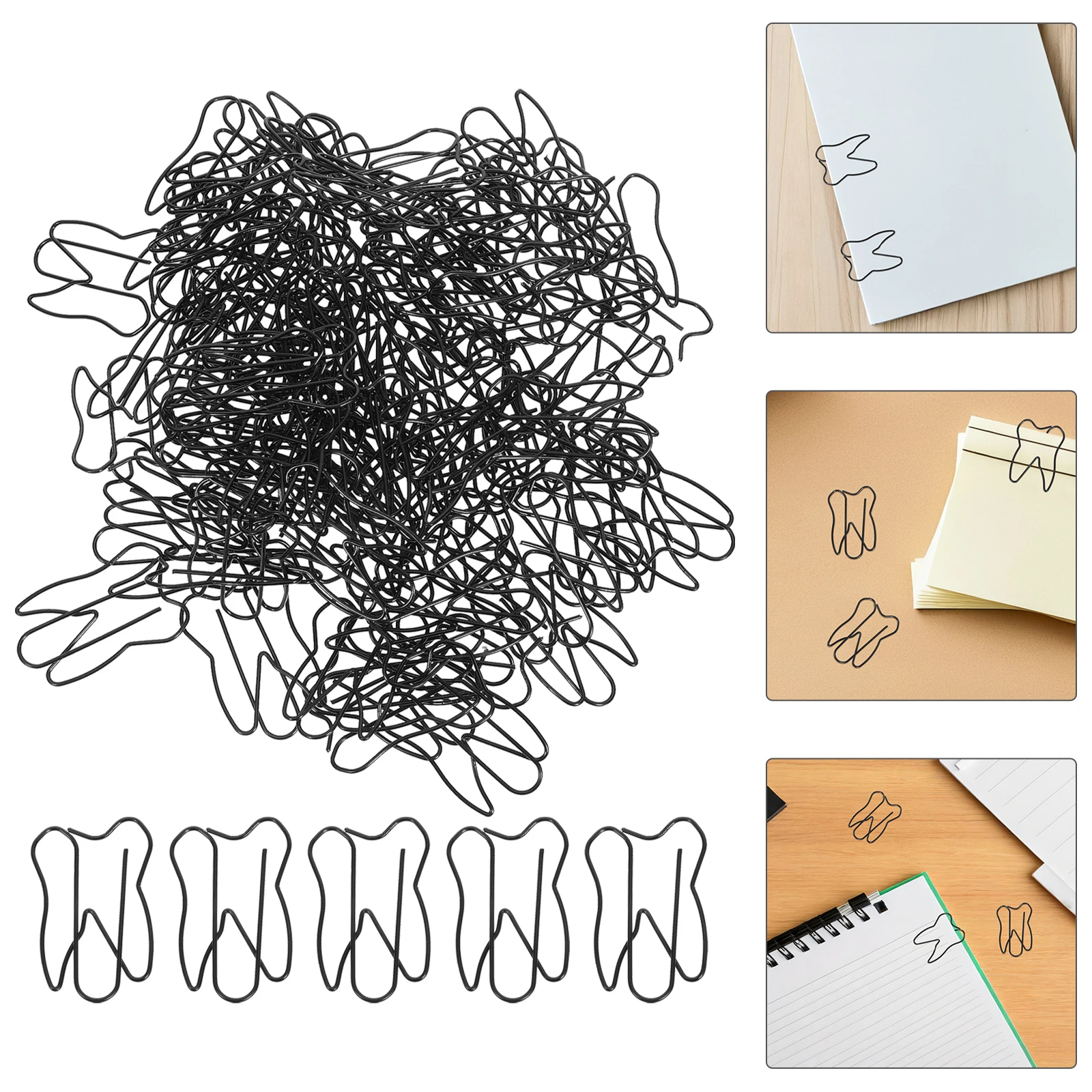 

100pcs Tooth Shaped Paperclips Black Metal Document Clips Dental Students Bookmark Files Office Stationery Creative Unique