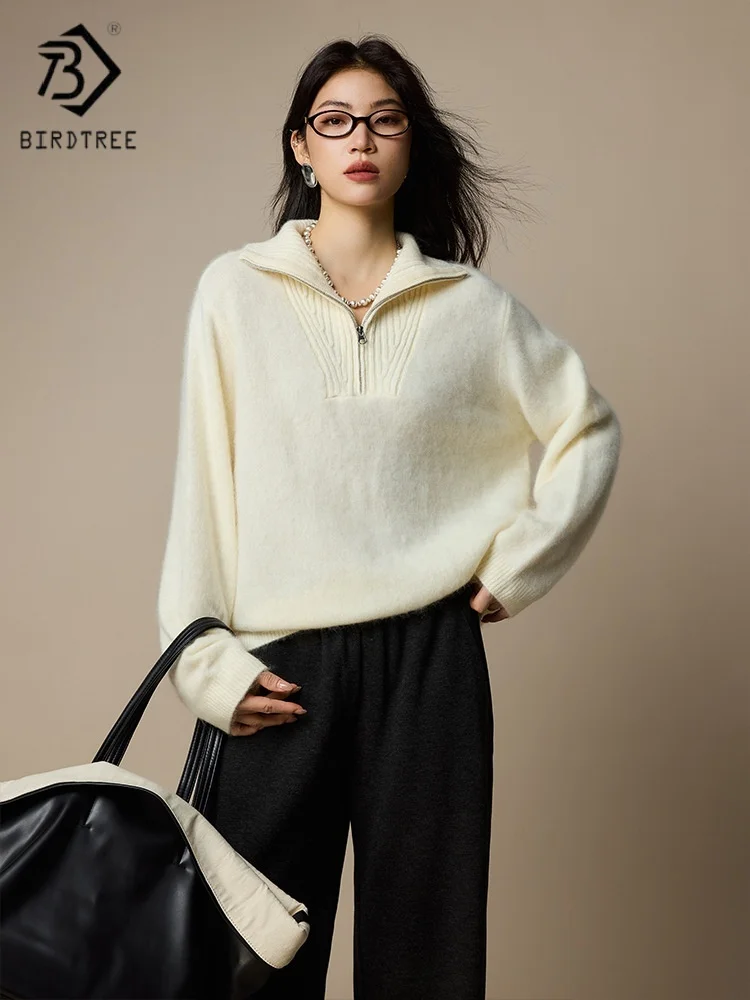 

Birdtree,100% Sheep Wool Plush Knitted Sweater,Woman Lapel Half Zipper Solid Knitwear,2025 Autumn/Winter Pullover,White T5O828JF
