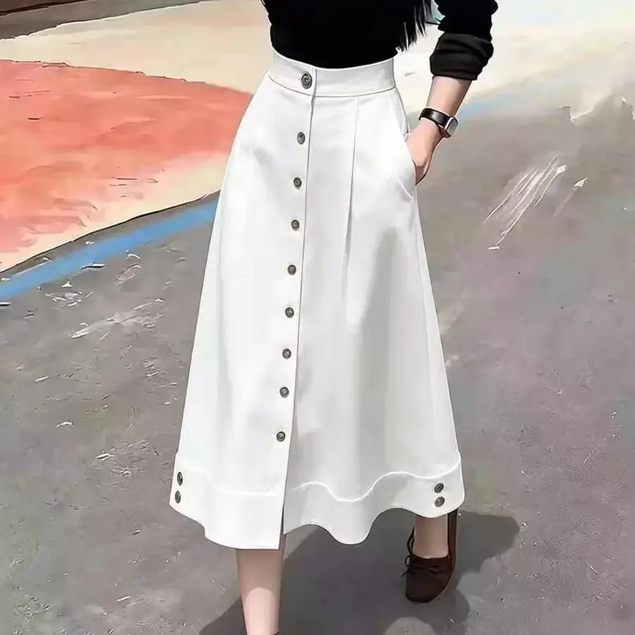 White breasted skirt with split ends 2026 summer new thin commuter high waist dress  Regular Fit korean style