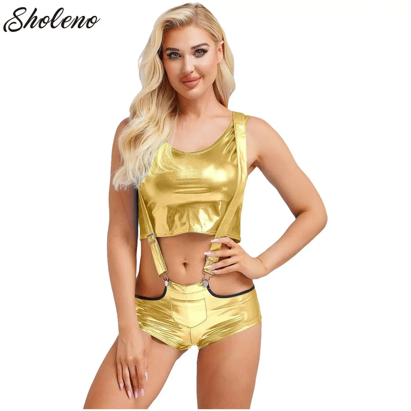 

Holographic Women Jazz Modern Dance Costume Shiny Crop Top Sexy Suspenders Hot Panty 2 Piece Set Musical Festival Clubwear