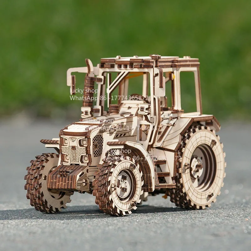 

Retro Wooden Wind Tractor Wooden Handmade Model Adult DIY with Plough Movable Mechanical Transmission Assembly Boys Toy