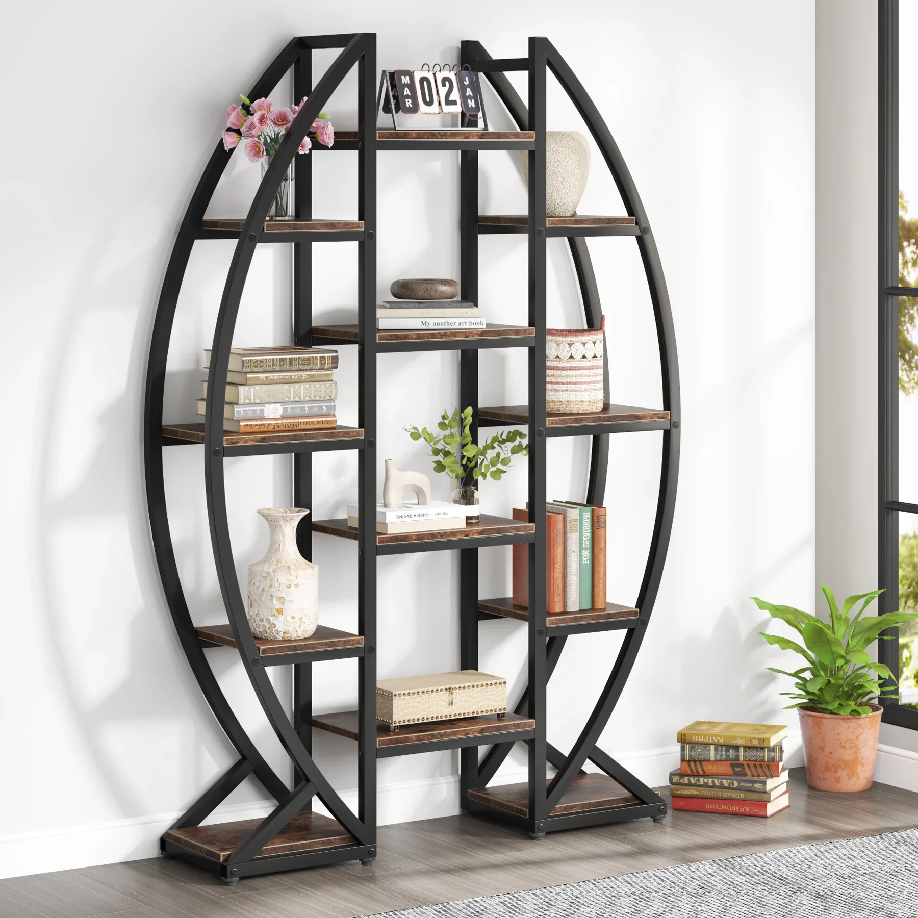 Tribesigns Oval Bookshelf, Triple Wide 5 Tier Etagere Bookcase, Industrial Display Shelves for Living Room (Brown, 55