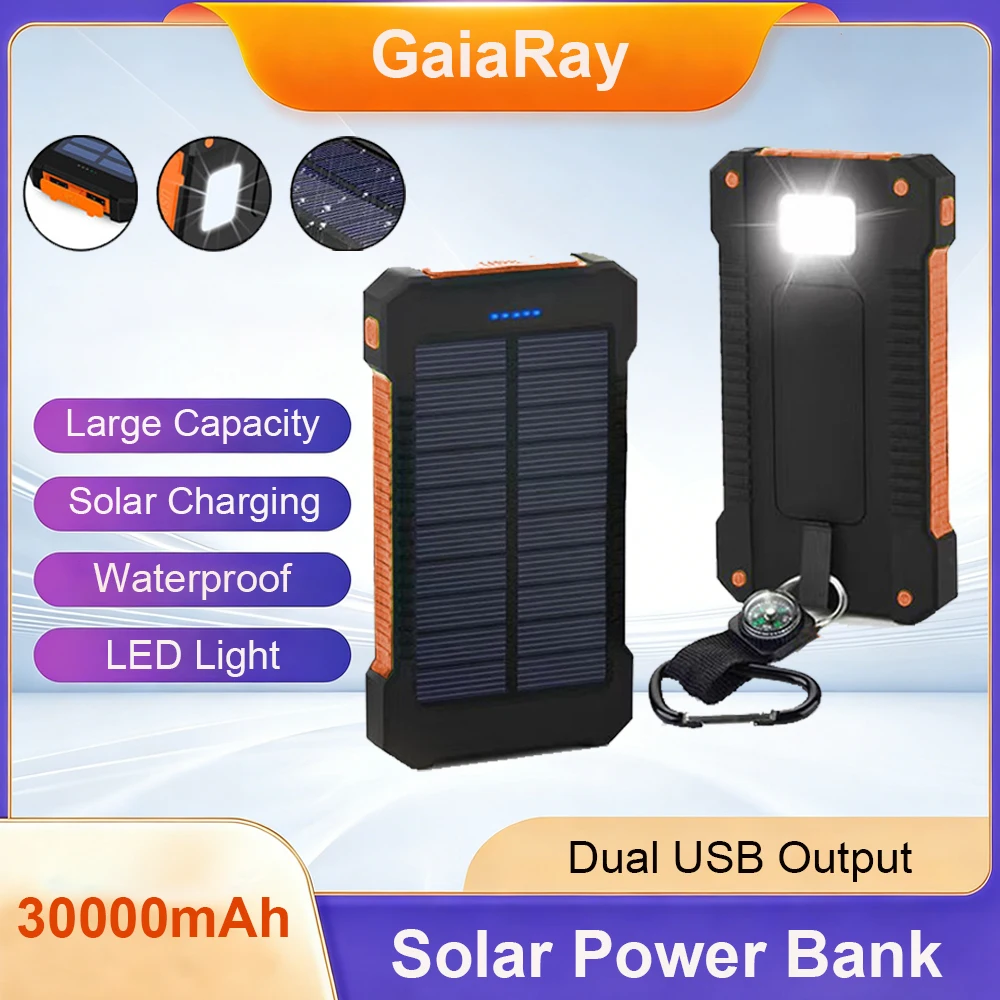 Gaiaray Banco de energía solar 30000 mAh Banco de energía portátil Cargador de batería externo de gran capacidad LED USB dual para viajes de camping