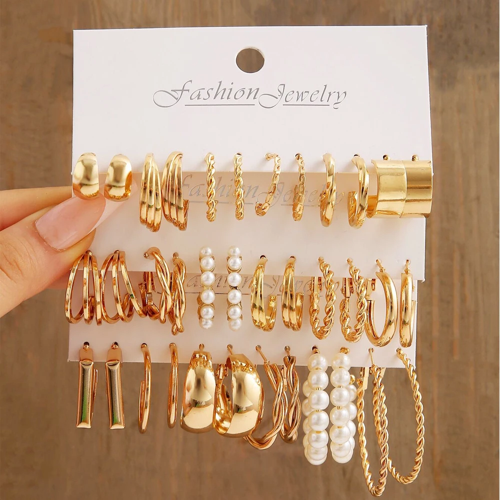 18Pcs Of Suit Women Earrings C Shaped Geometric Fake-pearl Metal Earrings Atmospheric Queuing Alloy Of Gold-color