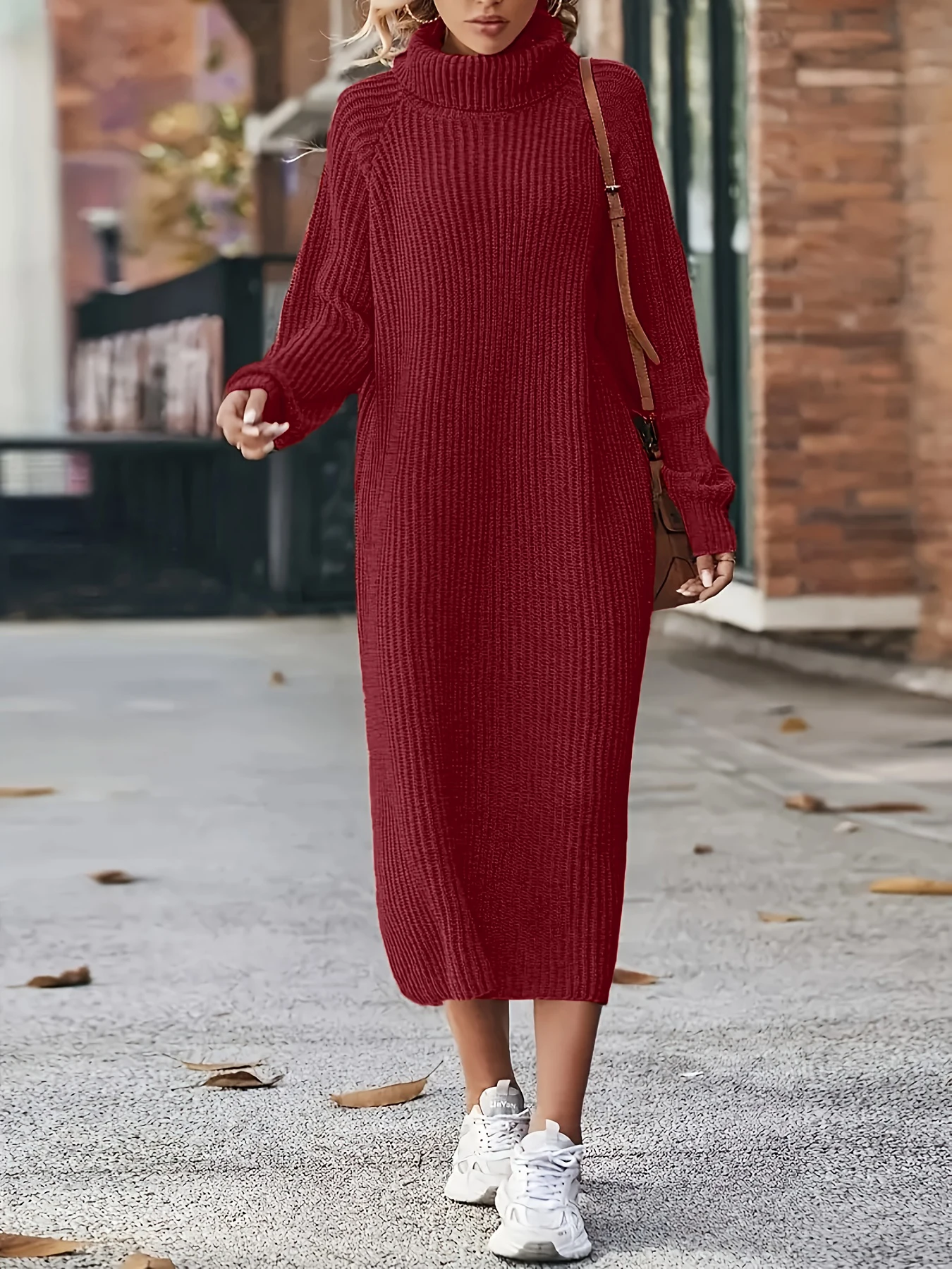 

Женское свободное трикотажное платье-миди с рукавами реглан, больших размеров, с высоким воротом, в европейском и американском элегантном стиле, бордовое.